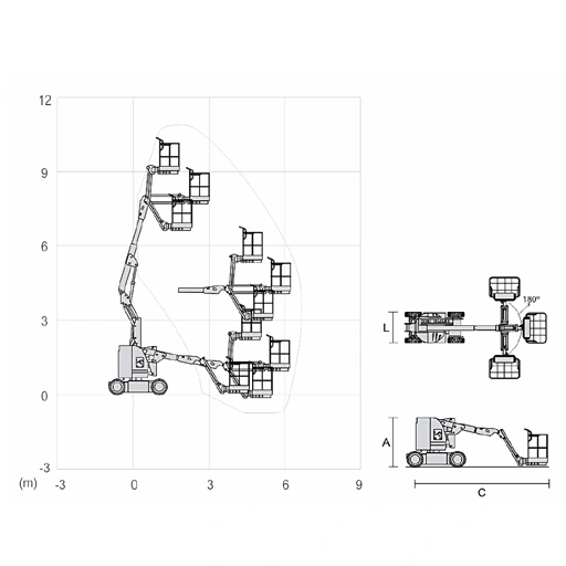 Diagrama técnico Plataforma Articulada Elétrica AE11 — 11m, locação em Curitiba